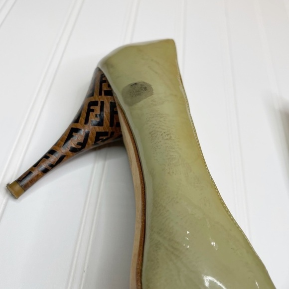 Fendi Green Patent Leather Zucca Print Heel Peep Toe Pumps - Picture 11 of 12